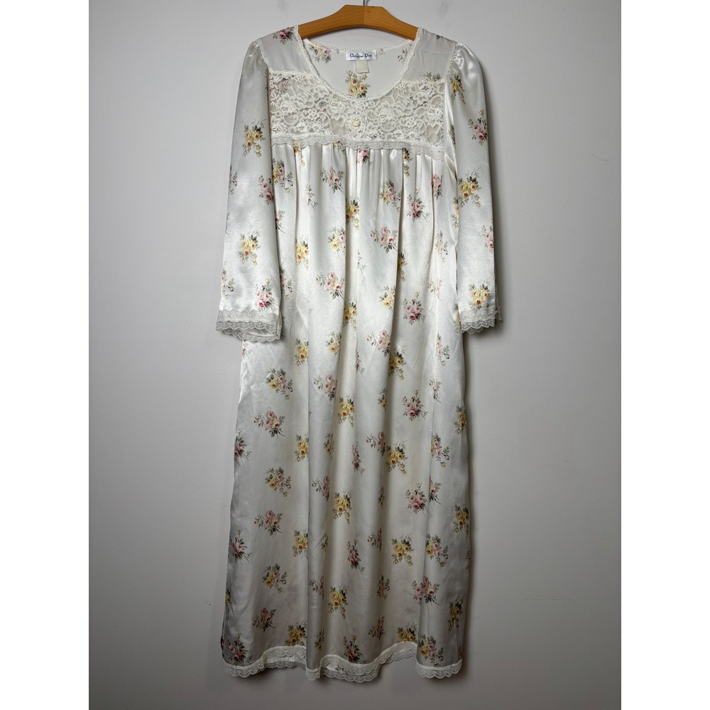 Christian Dior Nightgown L Cottage Floral Lace Trim Silky Satin Long Sleeve